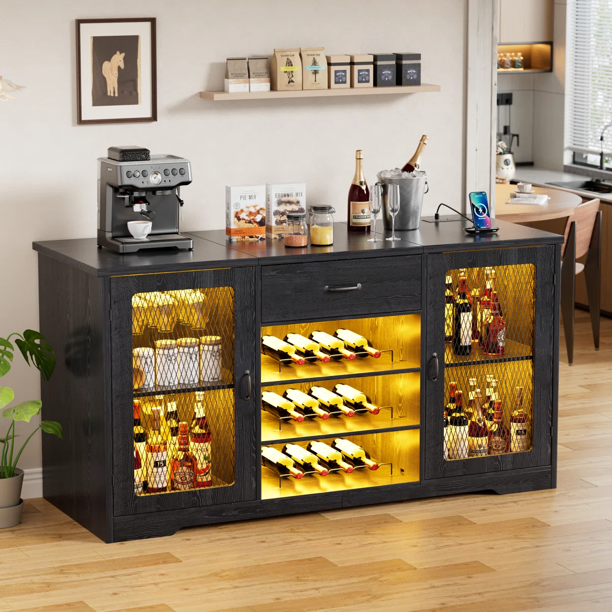 Large Wine Bar And Liquor Coffee Cabinet With Fridge Space, Led Lights, Charging Station, Glass Hold