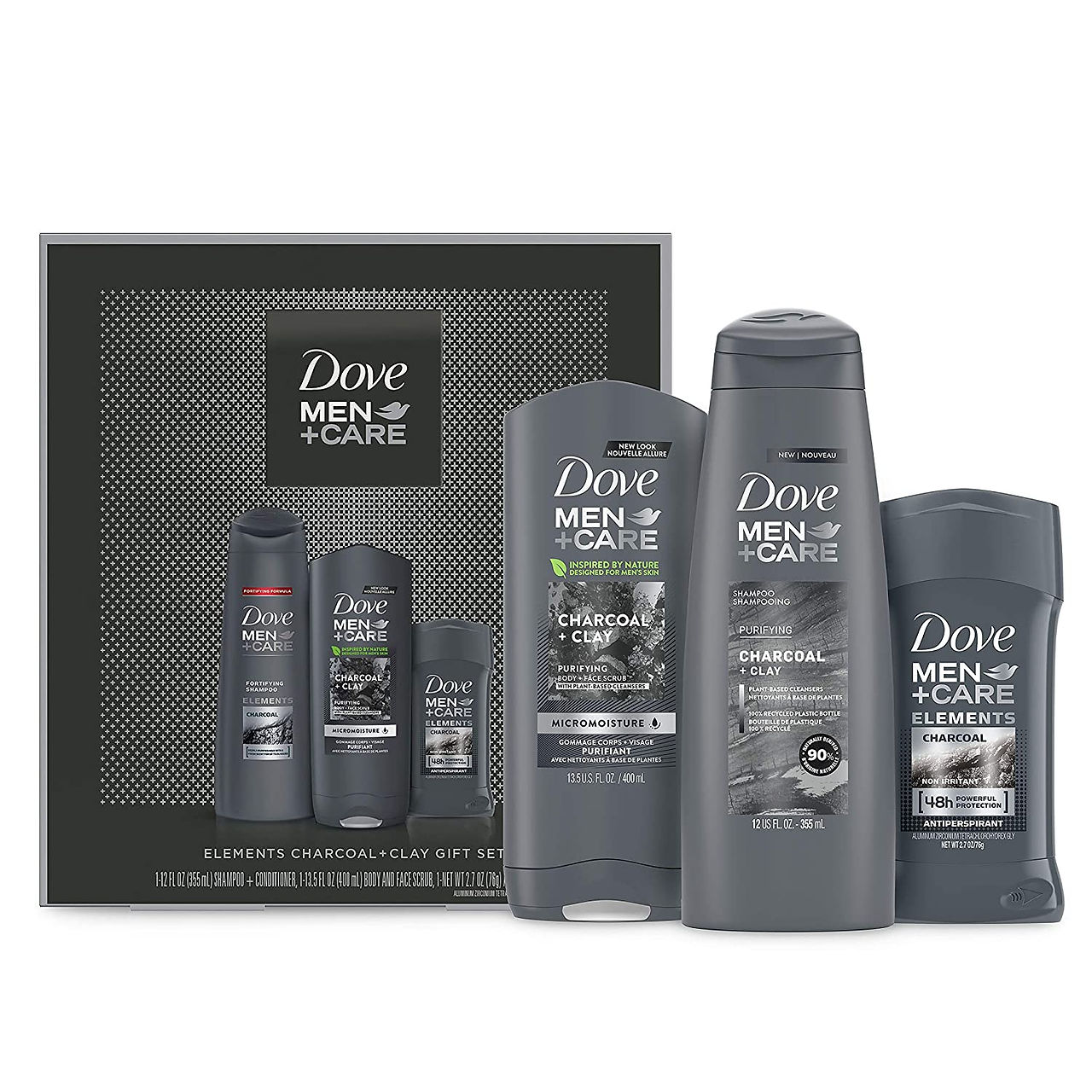 DOVE MEN + CARE Limited Edition Men's Holiday Grooming Gift Pack Elements Charcoal + Clay Body Wash, Antiperspirant, and Shampoo+conditioner 3 Count Patrick Van Negri