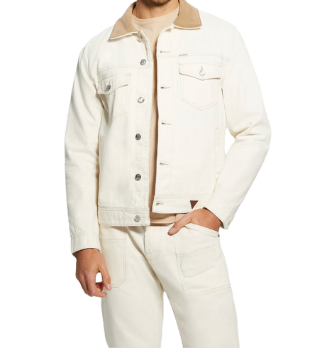 GUESS Men's Dean Denim Jacket, Pearl White Multi