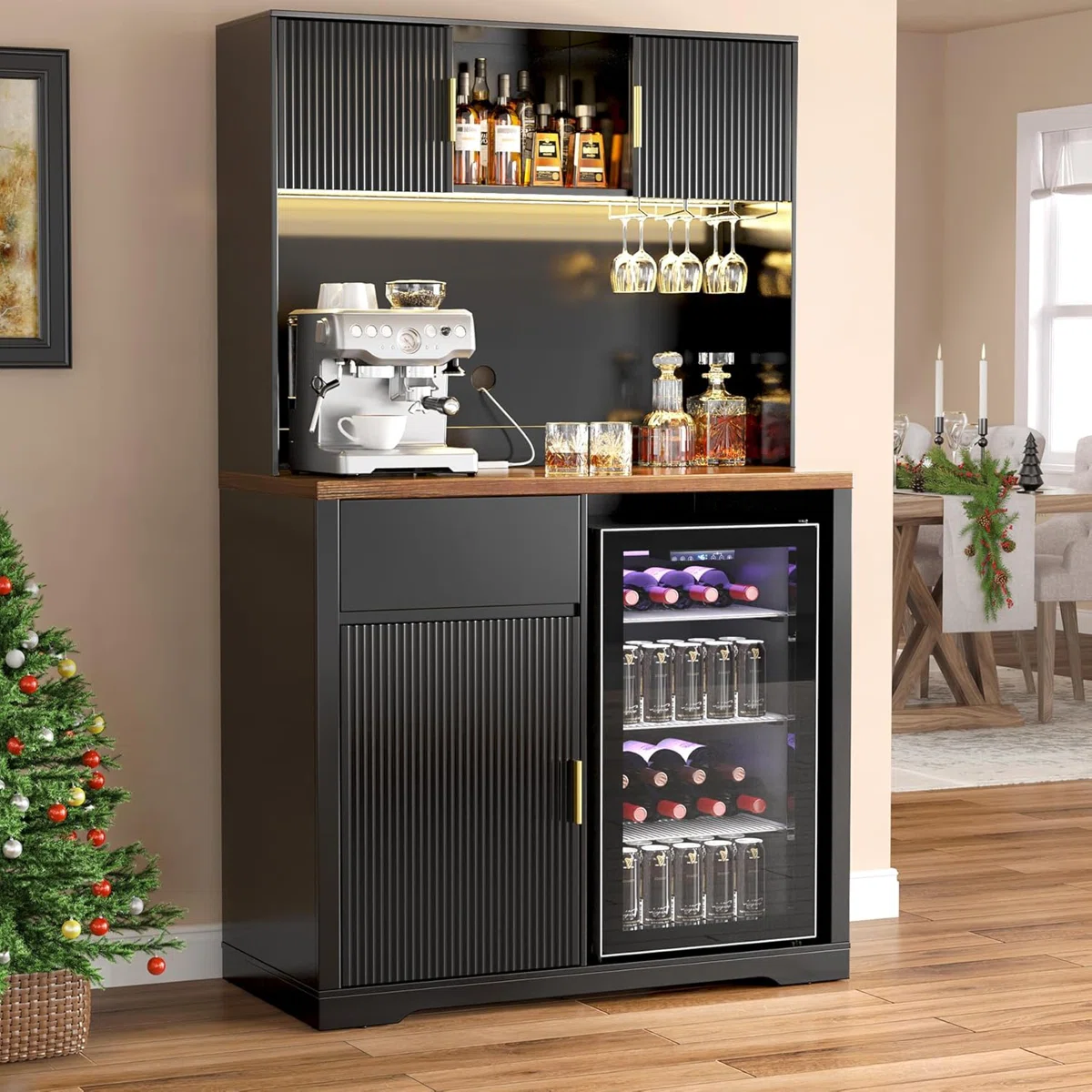 72" Tall Bar Cabinet with Fridge Space, Fluted Coffee Liquor Hutch Cabinet with Storage, Tall Home B