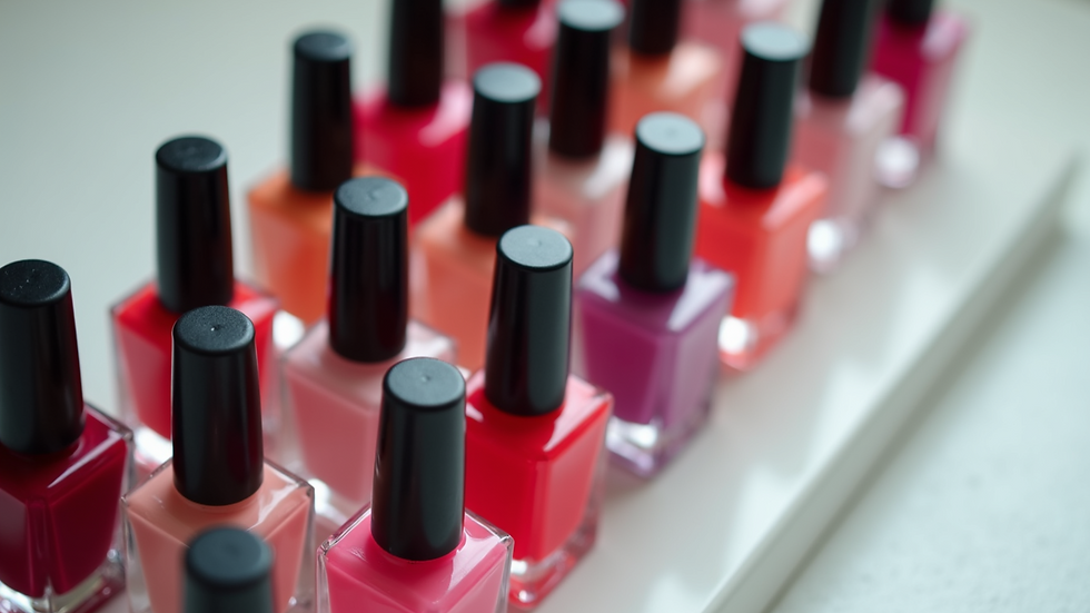 High angle view of neatly arranged nail polish bottles