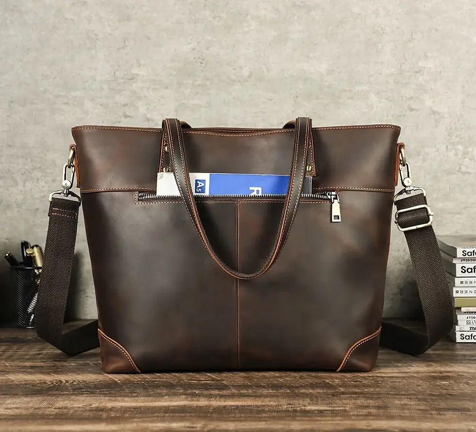 Thumbnail: Unisex Genuine Leather Laptop Tote Bag with Front Pocket