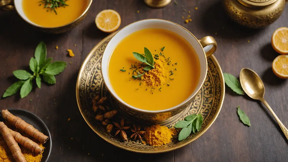 High angle view of a cozy cup of golden turmeric tea with aromatics