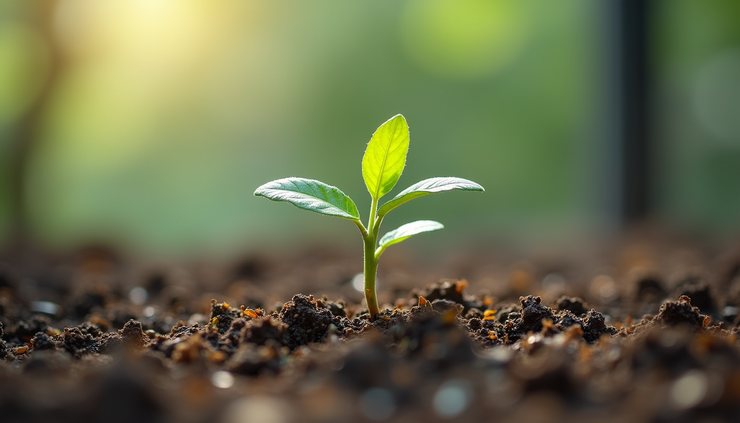 Eye-level view of a small indoor plant with tea leaves sprinkled around the soil