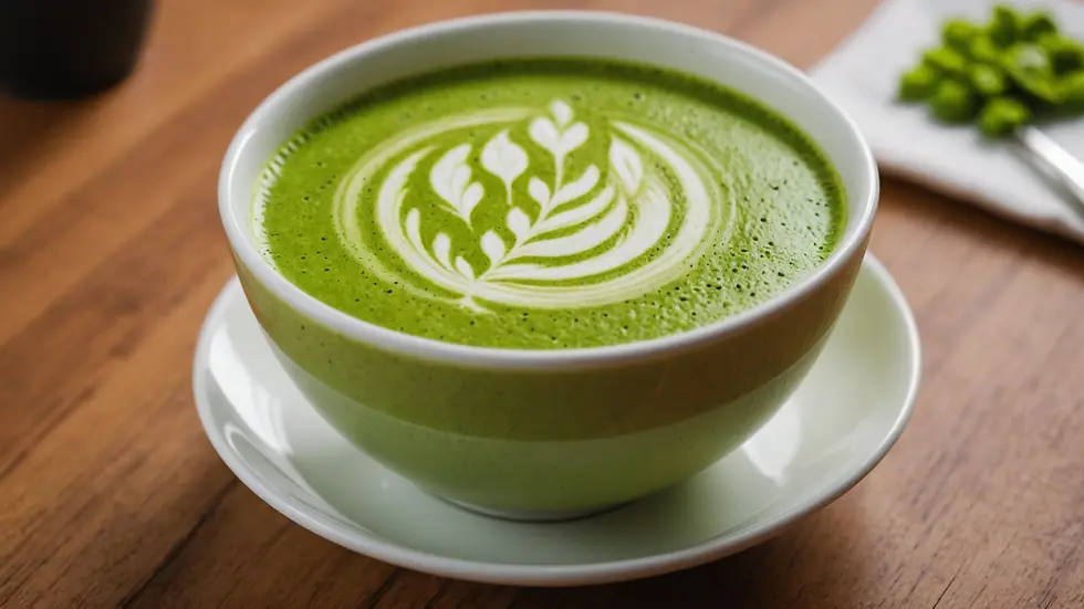 Close-up view of a vibrant green matcha latte in a simple white cup