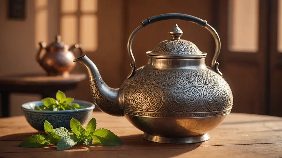 Eye-level view of a traditional Moroccan teapot with mint leaves