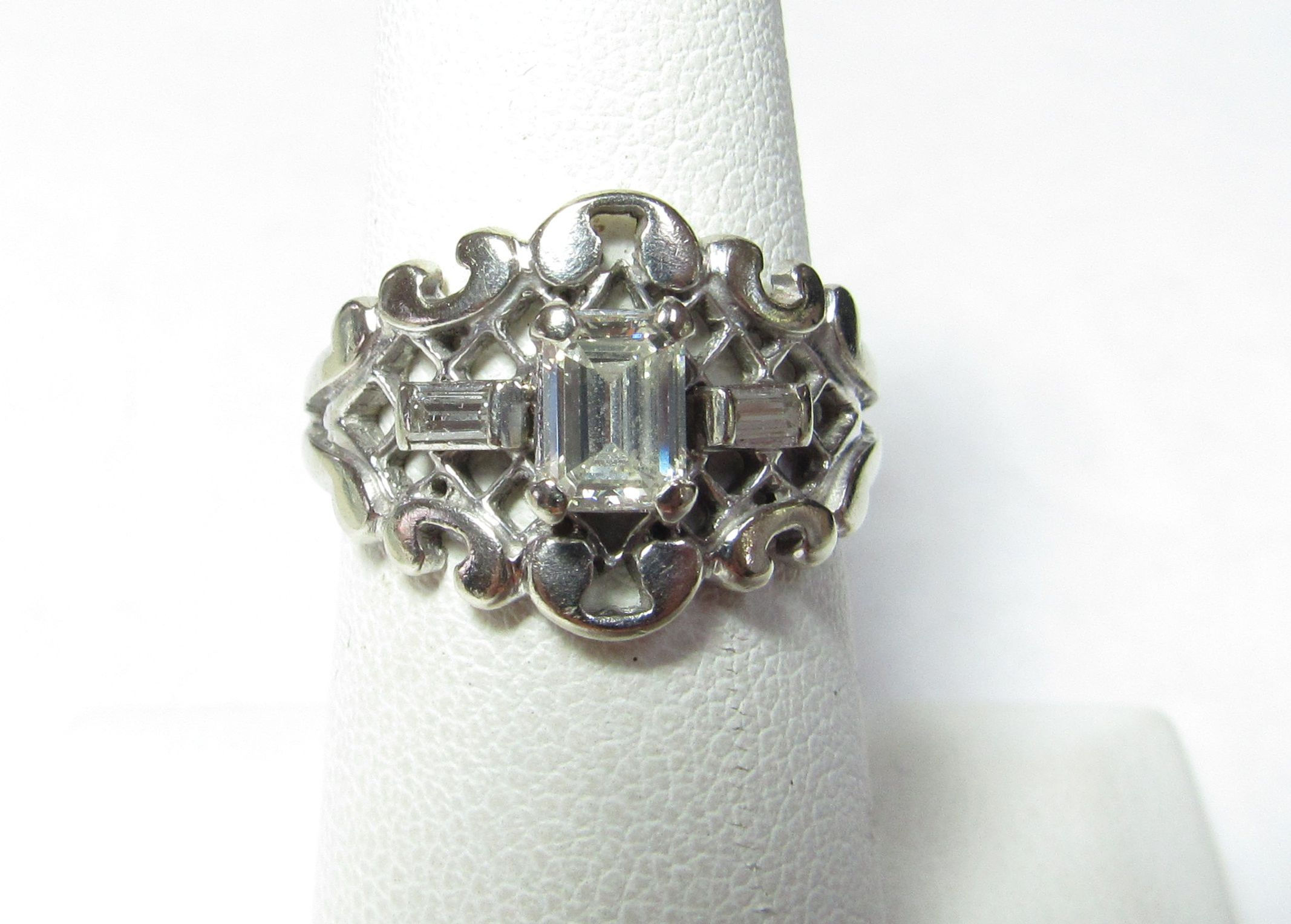 Solid 14K White Gold Ring w/ Emerald Cut Center Natural Diamond & Accents