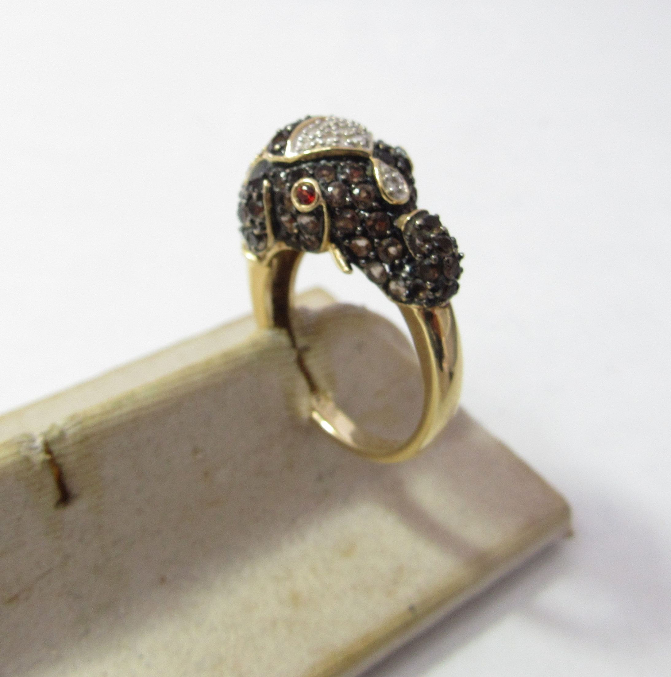 Solid 14k GOLD Elephant Ring with Natural Smoky Quartz, Garnets, and Diamonds