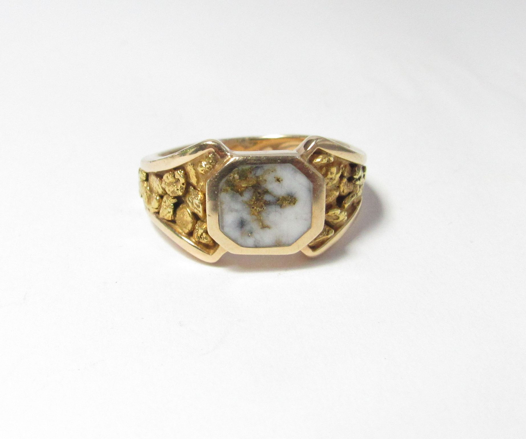 Gold Bearing Quartz Ring Set in 14k Gold Ring & Side Gold Natural Nuggets