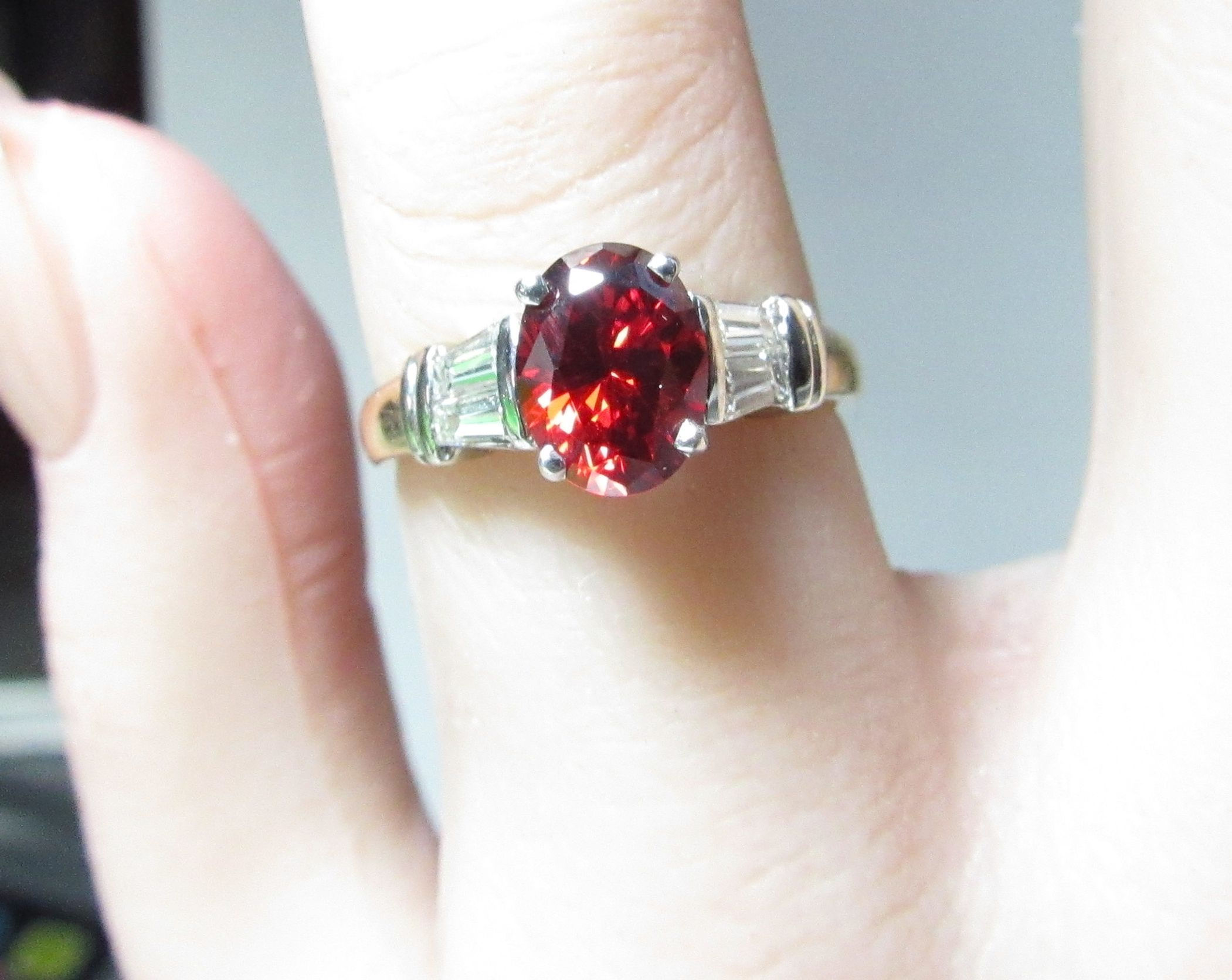 Solid 14k Gold Ring with Oval Cherry Red Natural Garnet & Accent Diamonds