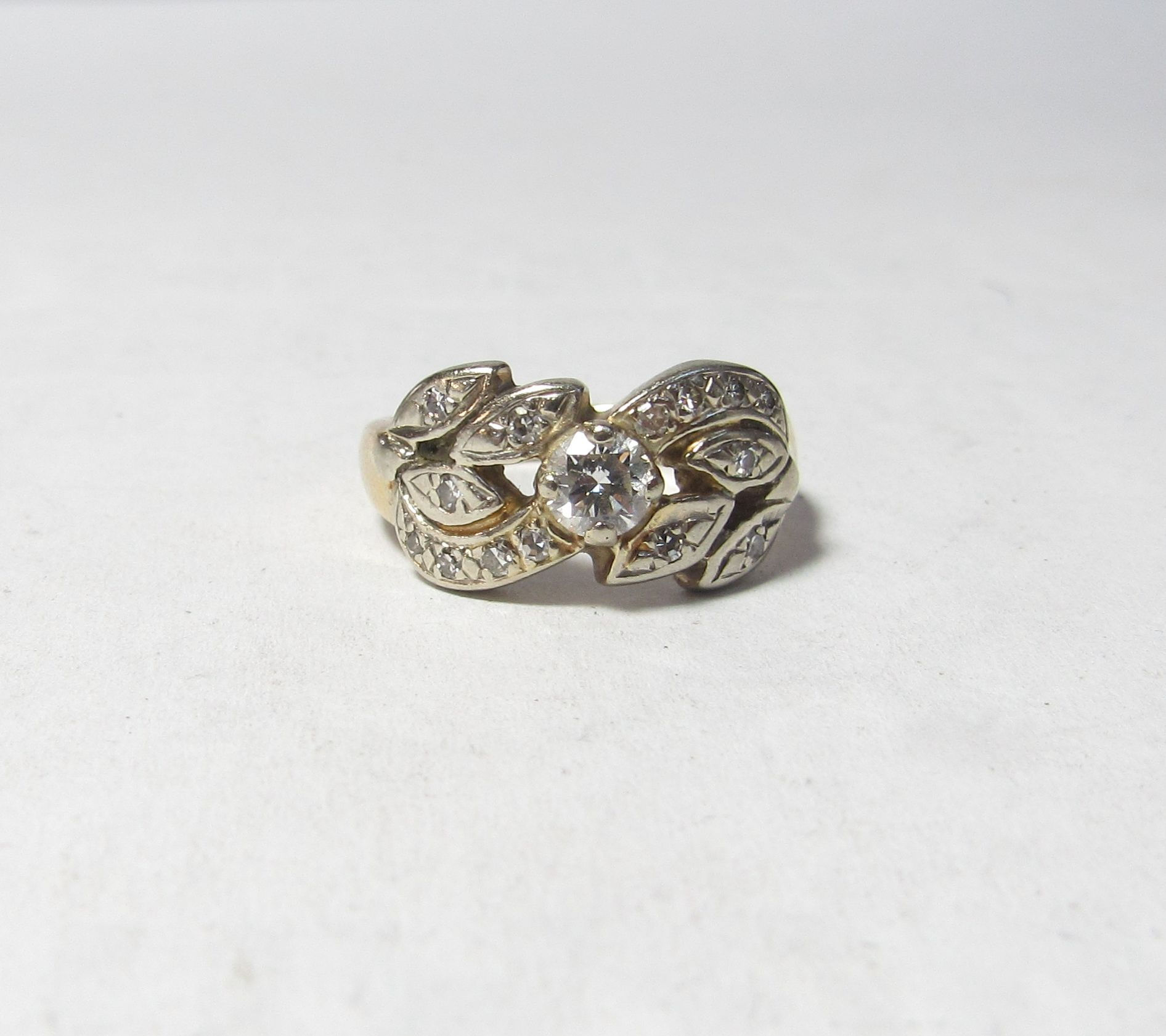 Two Tone 14K Solid Gold Art Deco Ring with European Cut Natural Diamond