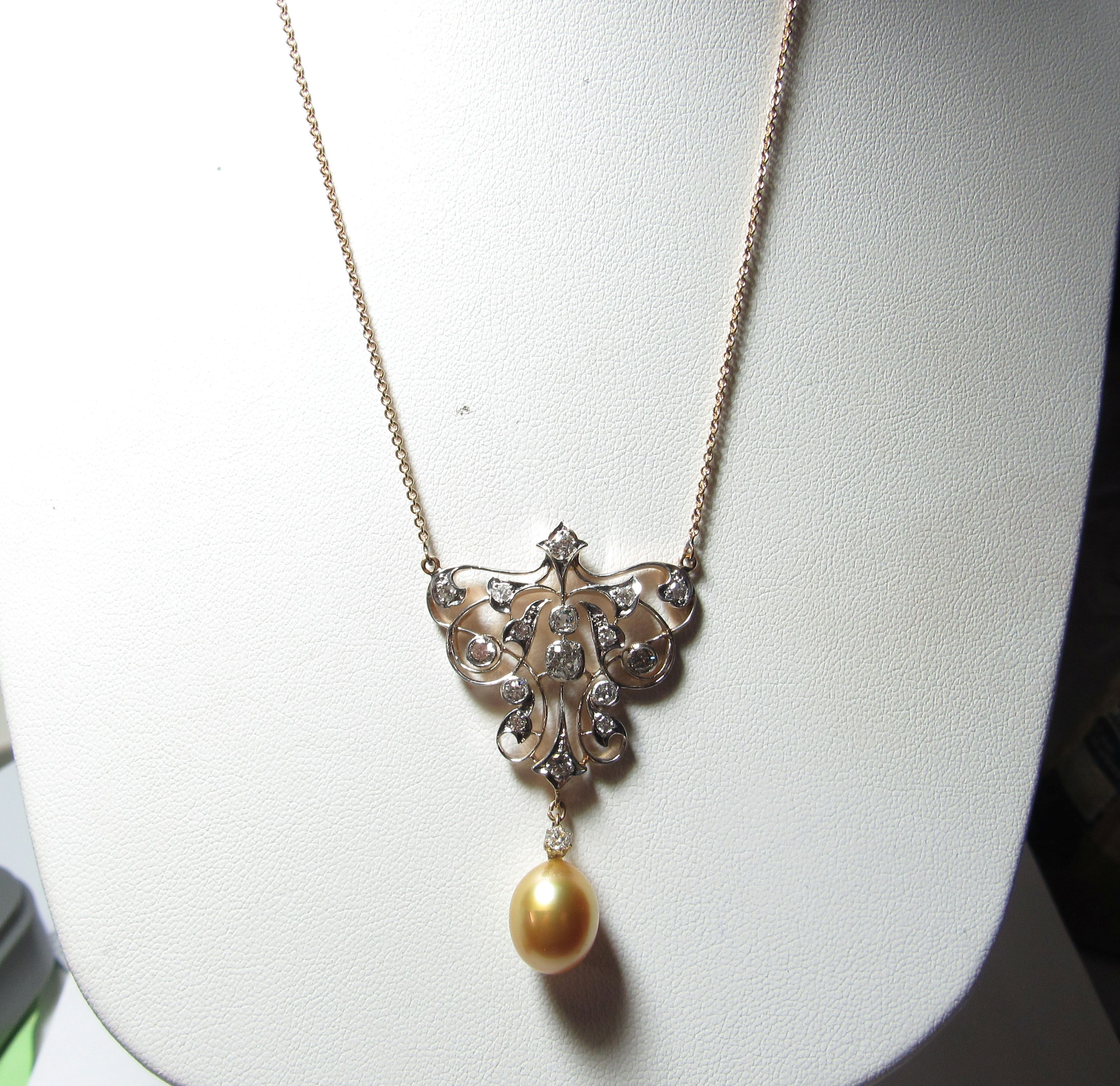 Platinum and 14K 15" Chain W / Lavaliere Diamond Pendant & South Sea Pearl
