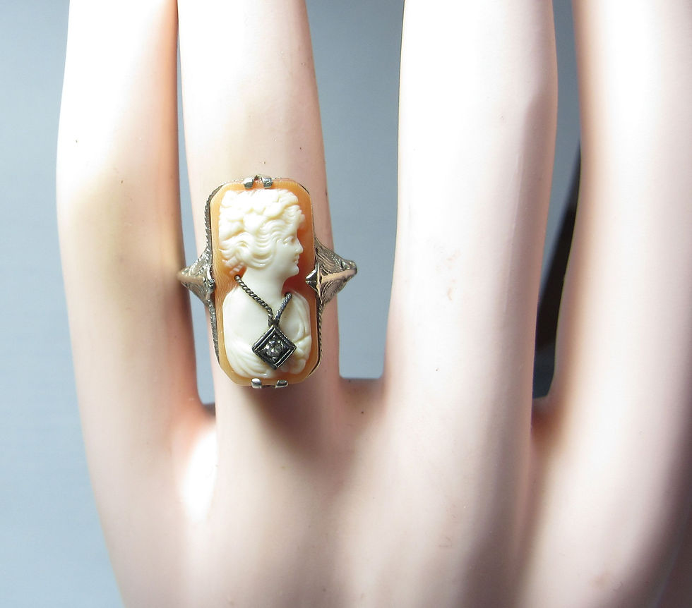 Thumbnail: Vintage 14k White Gold Shell Cameo Ring with Diamond Necklace