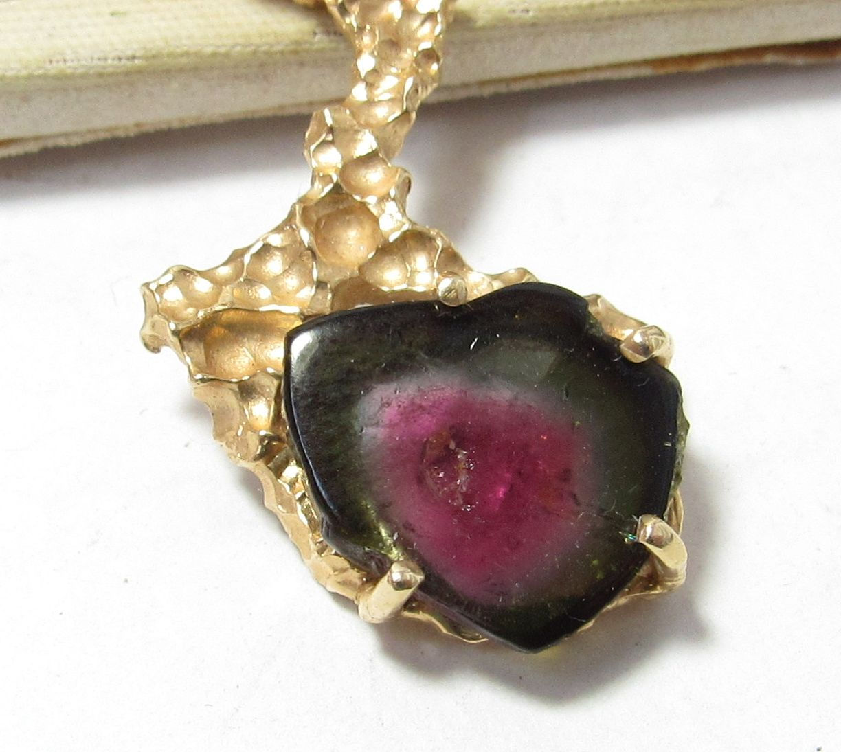 Vintage 14k Gold Nugget Style Pendant with Natural Watermelon Tourmaline