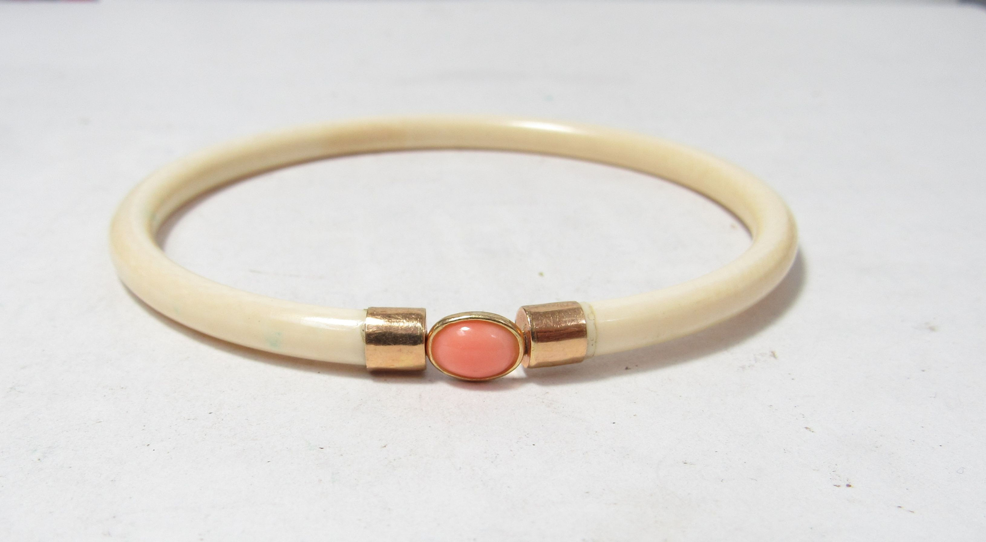 SOLD / Antique 14k Gold Ivory Bangle Bracelet with Oval Natural Coral