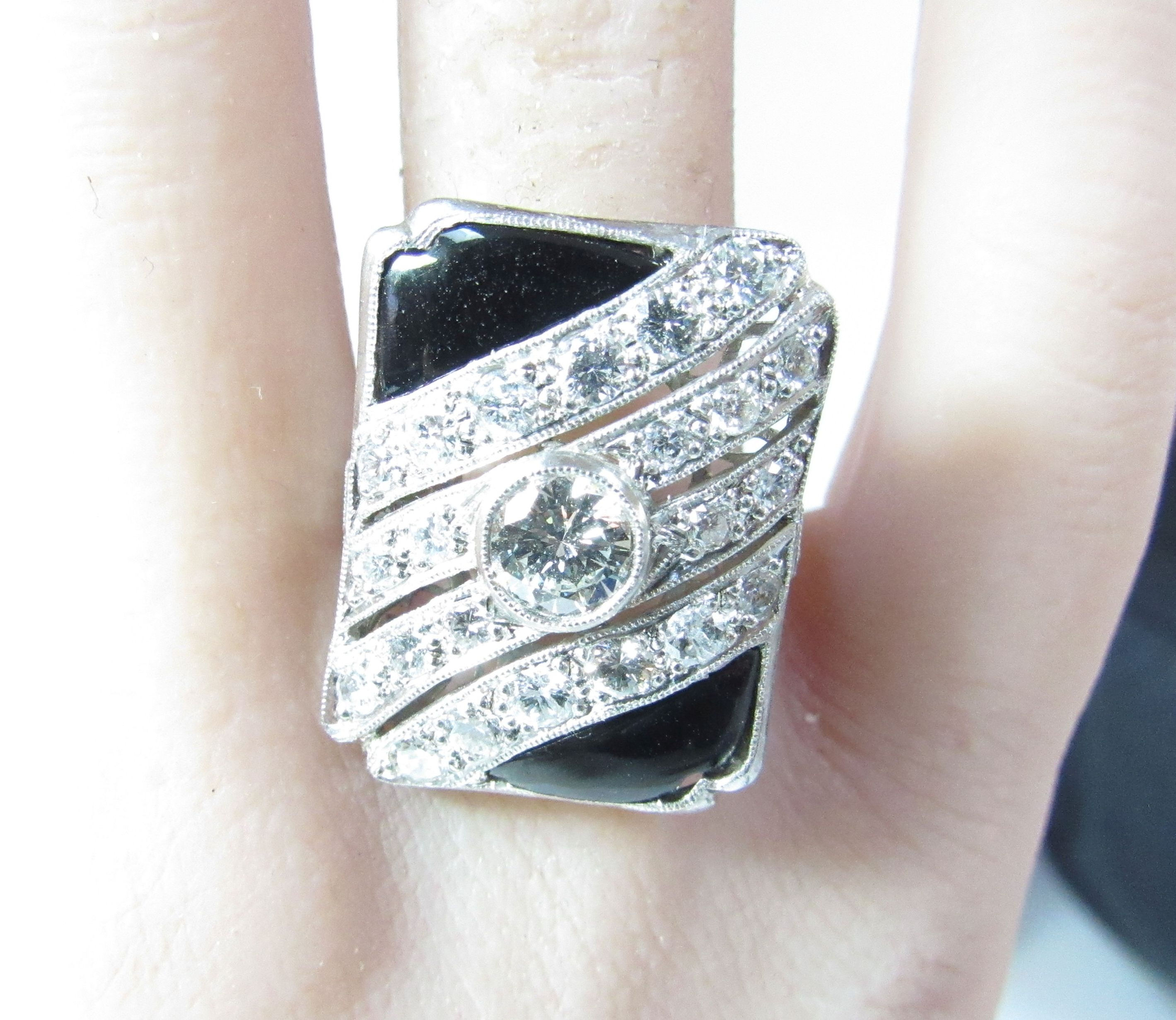 Art Deco Platinum Ring w/ Black Onyx and 1.75 cts of Natural Diamonds