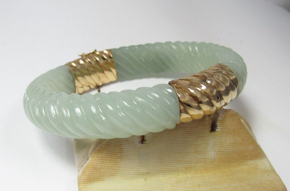 Heavy Bangle Shrimp Style Natural Jade Bracelet with 14k Solid Gold Attachments