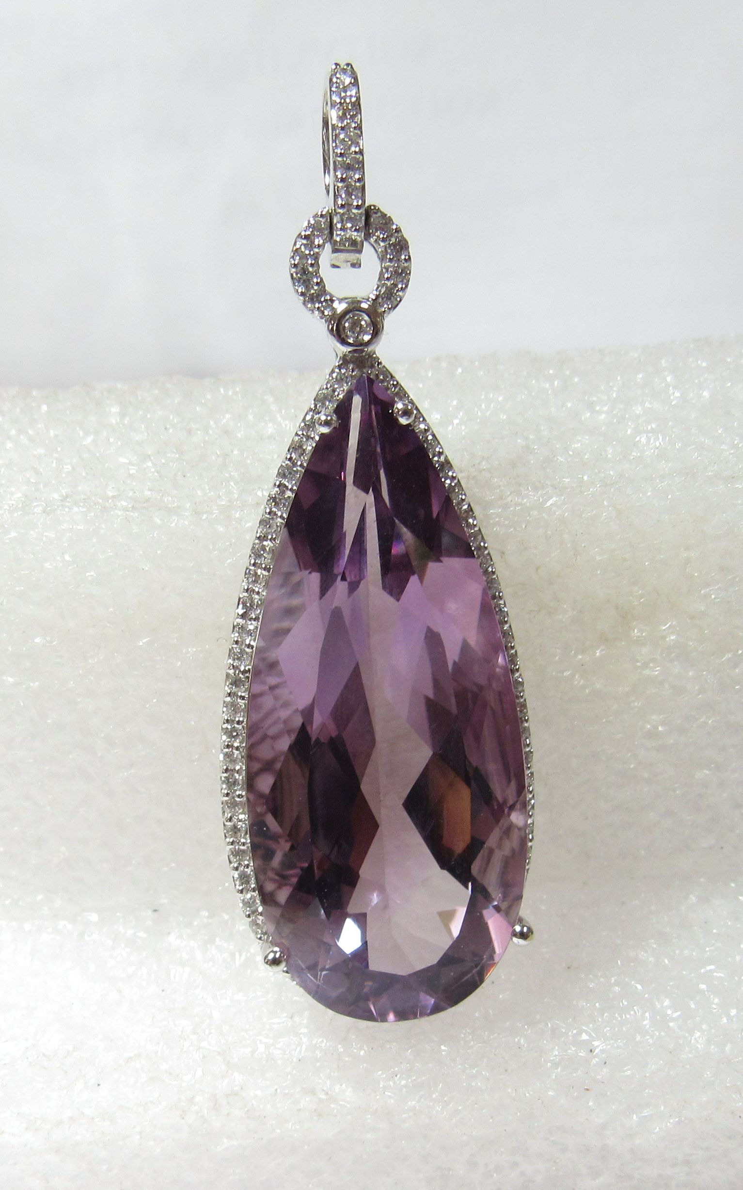 SOLD/ 18K Solid White Gold Pendant w/ 38ct Purple Natural Amethyst & Diamonds