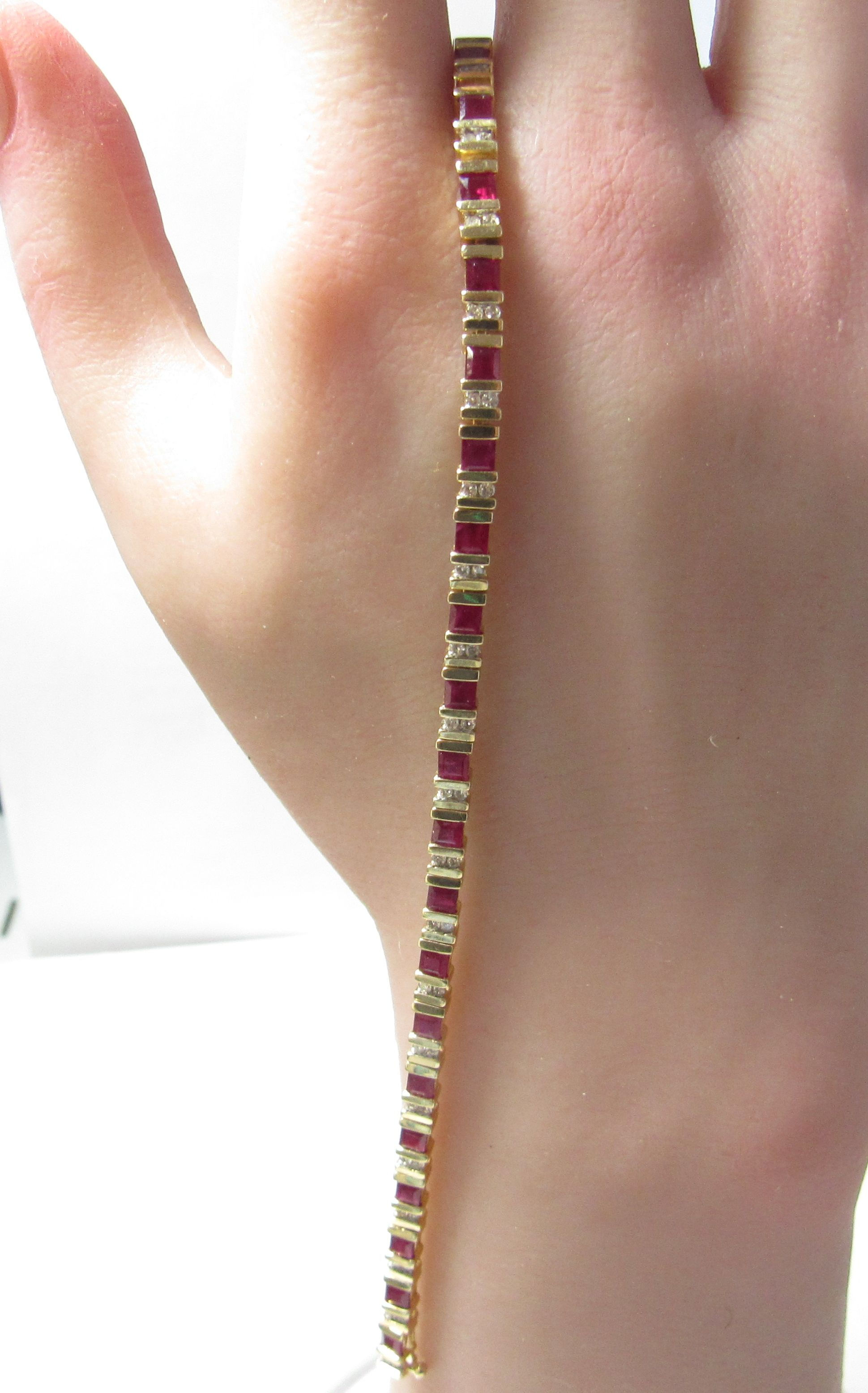 SOLD/ Solid 14k Line Bracelet w / Red Natural Rubies & Diamonds