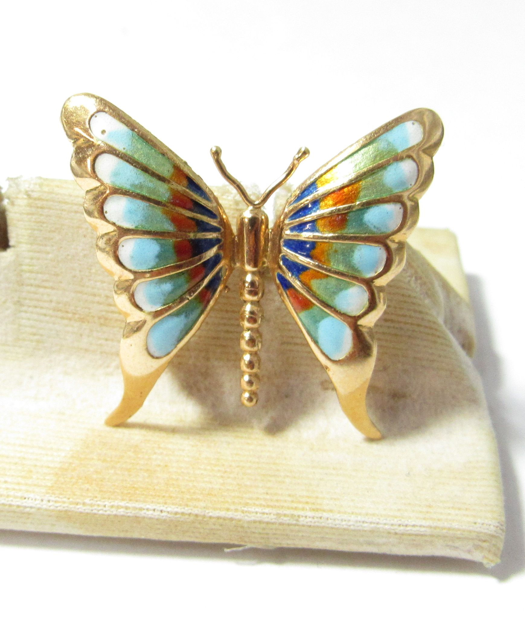 HOLD /18K Solid Gold Multi Color Enameled Butterfly Pin / Brooch