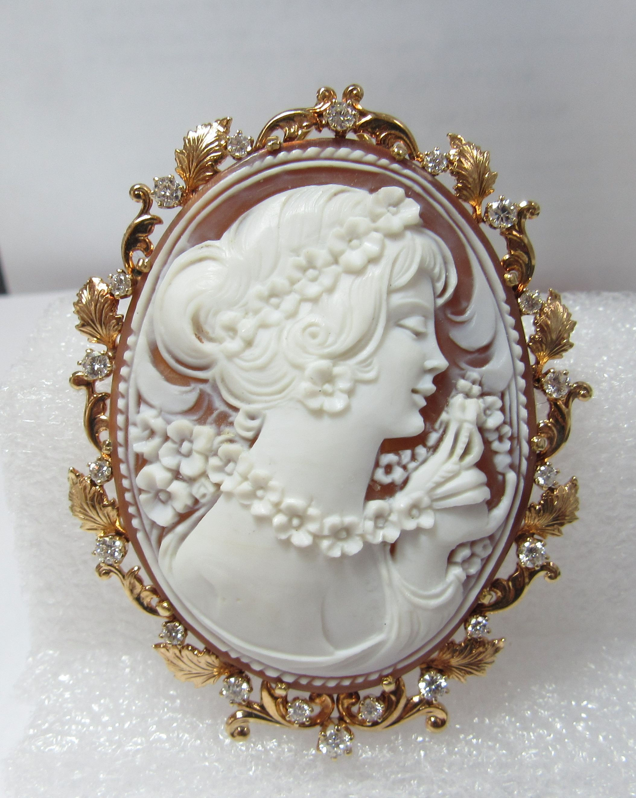 Large 14k Solid Gold Natural Diamond Frame Holding One Piece Shell Cameo
