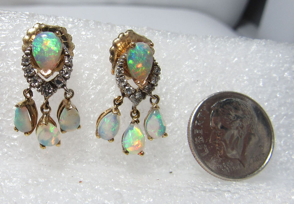 Thumbnail: 14K Gold Dangle Earrings W/ Colorful Natural Opals & Diamonds