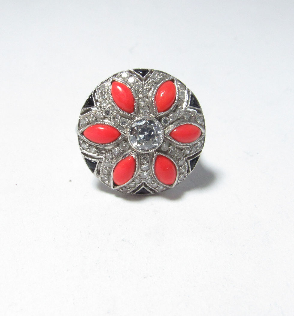 Thumbnail: Art Deco Platinum Ring with European Cut Natural Diamond, Coral, and Onyx