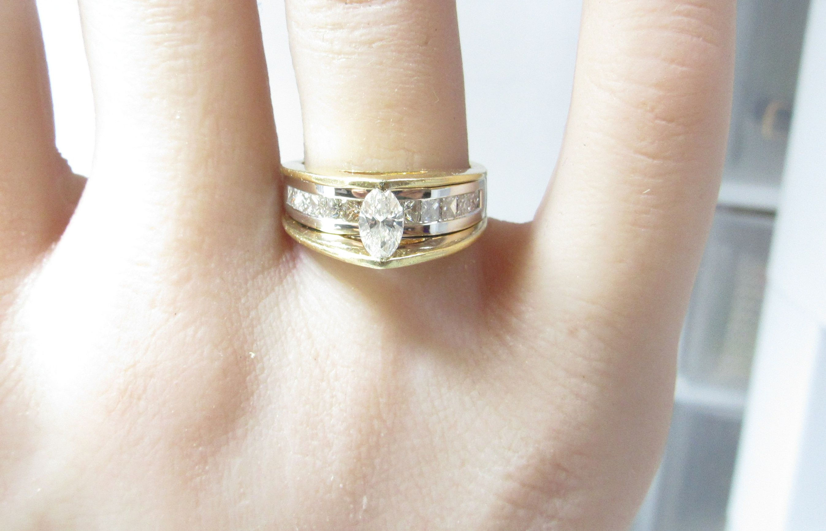 Custom 14k Gold Ring w / Center Marquise Natural Diamond &Lower Diamond Bridge