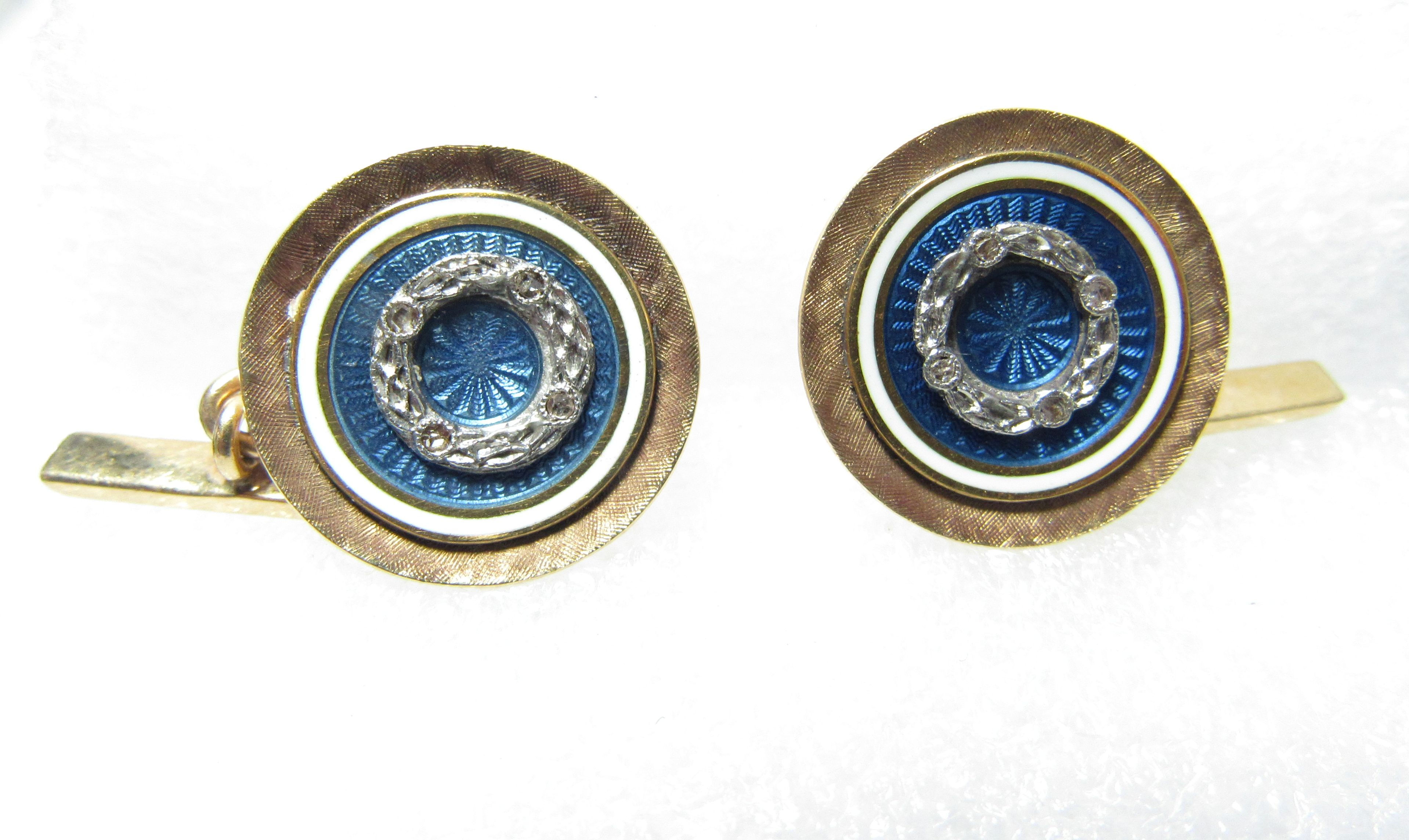 Antique 14k Gold & Platinum Guilloche Cufflinks W / Rose Cut Diamonds