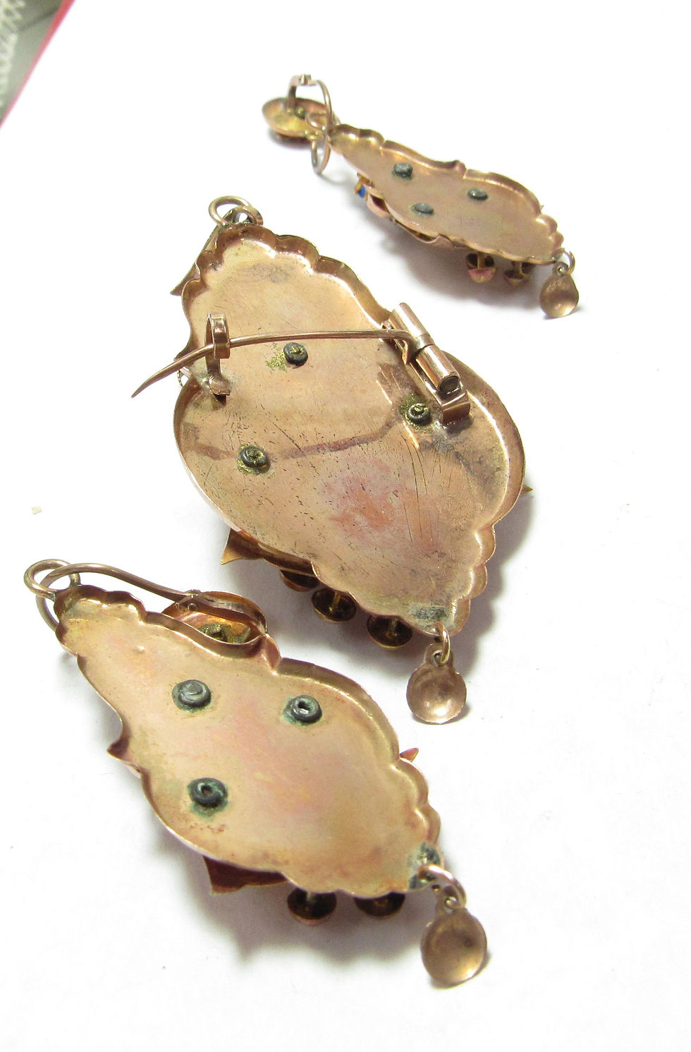 Thumbnail: SOLD/ Original Victorian 14k Rose Gold Matching Earrings & Brooch