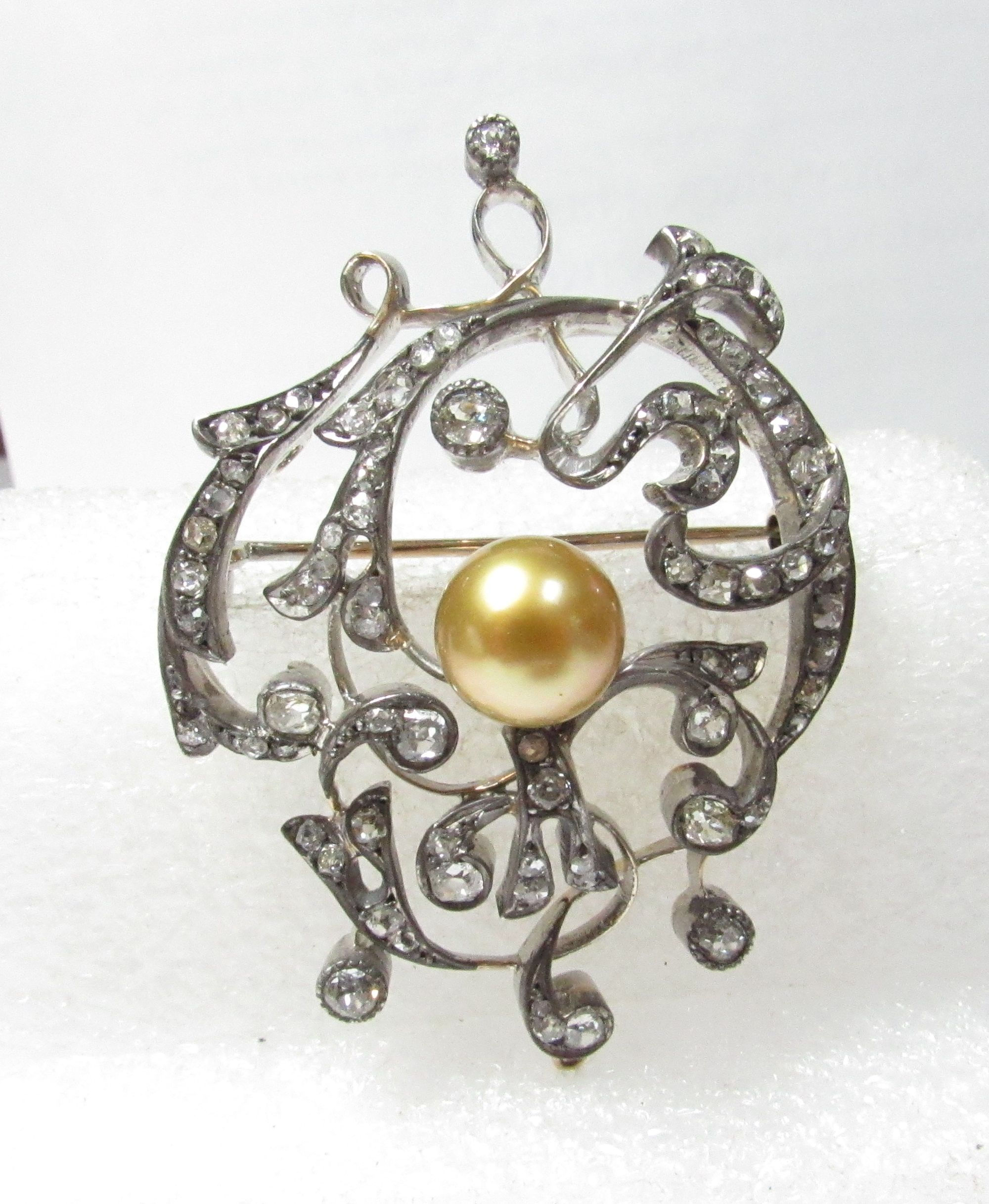 Victorian 18K Gold & Silver Top Rose Cut Diamond & Pearl Brooch/ Pendant
