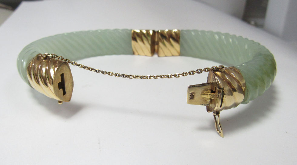 Thumbnail: Heavy Bangle Shrimp Style Natural Jade Bracelet with 14k Solid Gold Attachments