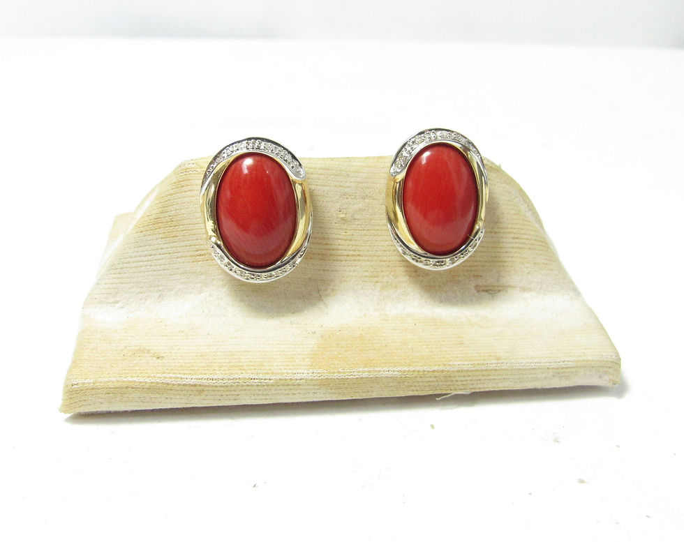 18K Solid Gold Earrings with Oval Red Natural Coral & Diamonds
