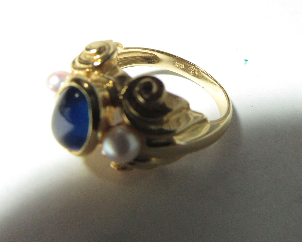Thumbnail: Sold/ Solid 18k Vintage Ring with Cab Blue Natural Sapphire and Pearls