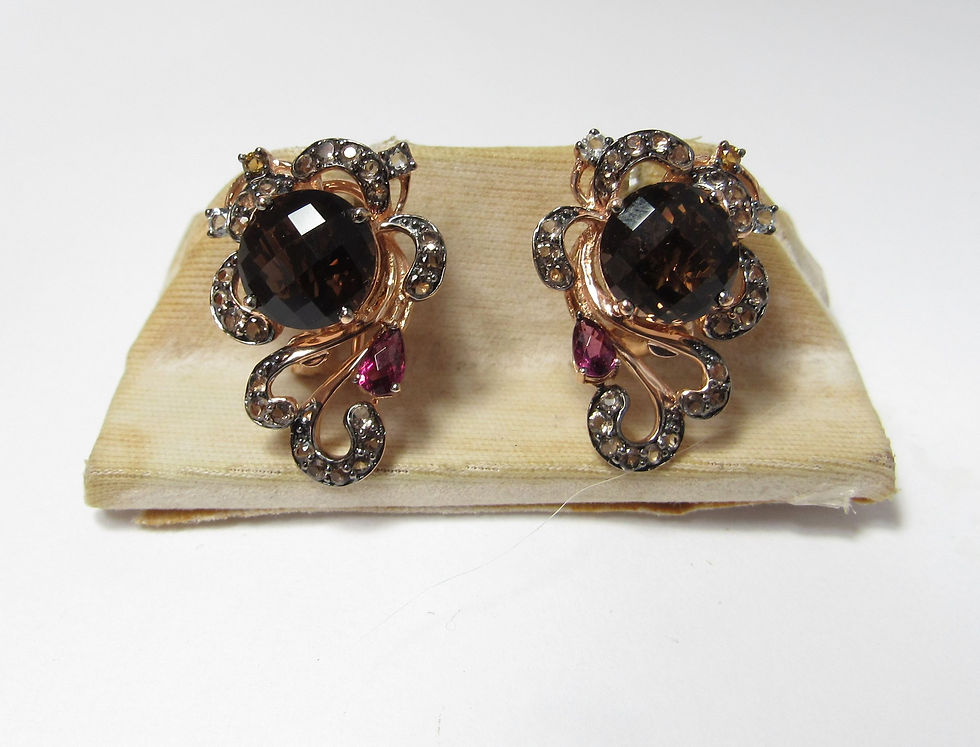 LE Vian 14k Rose Gold Earrings w / Natural Smoky and White Quartz