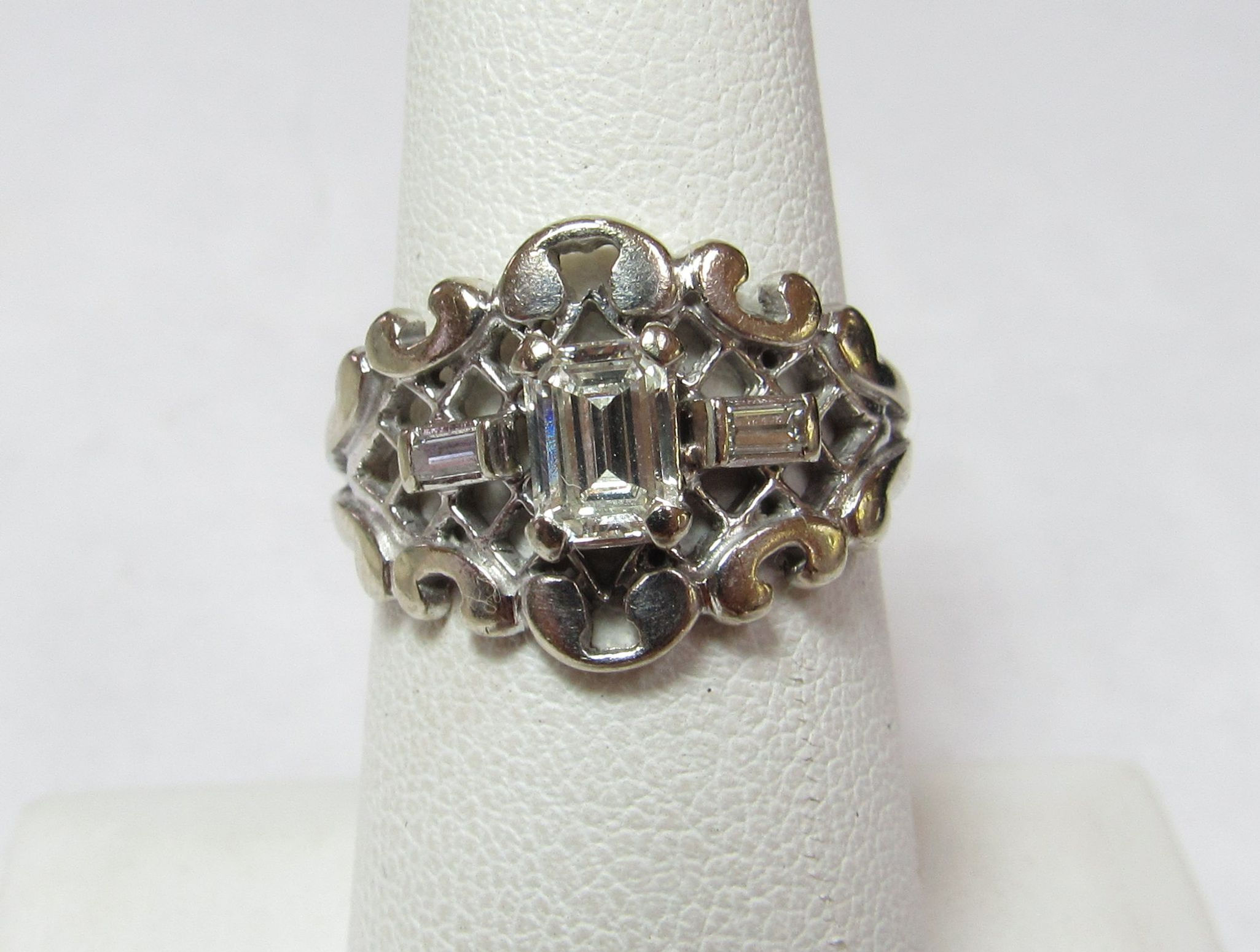 Solid 14k White Gold Ring w/ Emerald Cut Natural Diamond & Accents
