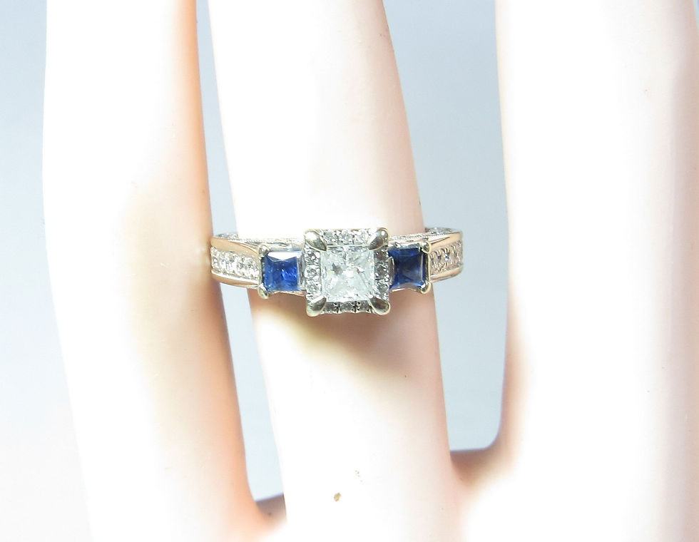 Thumbnail: 14k Solid White Gold Princess Cut Natural Diamond Ring with Blue Sapphire