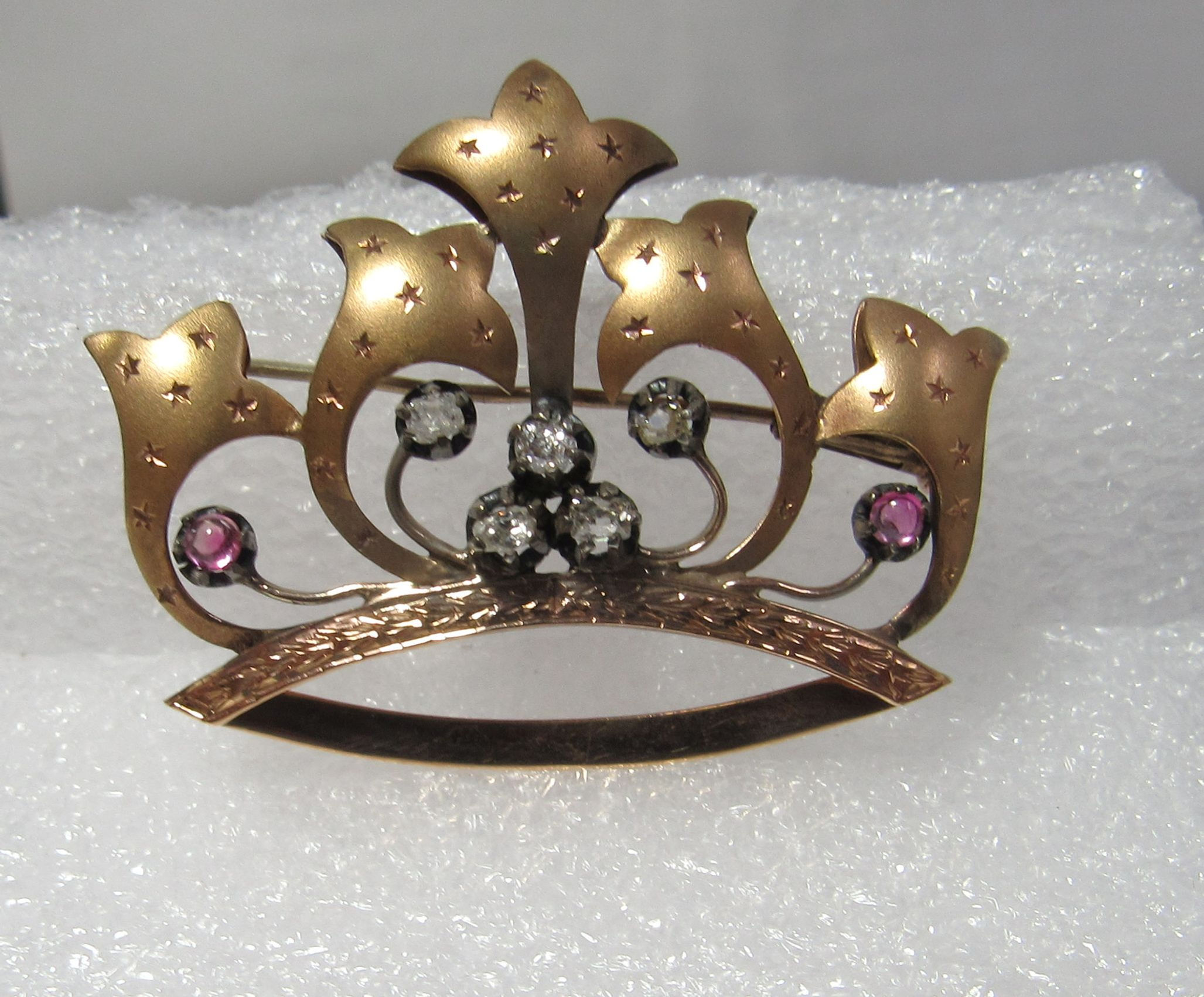 Victorian 14k Gold Brooch w / Mine Cut Natural Diamonds & Rubies