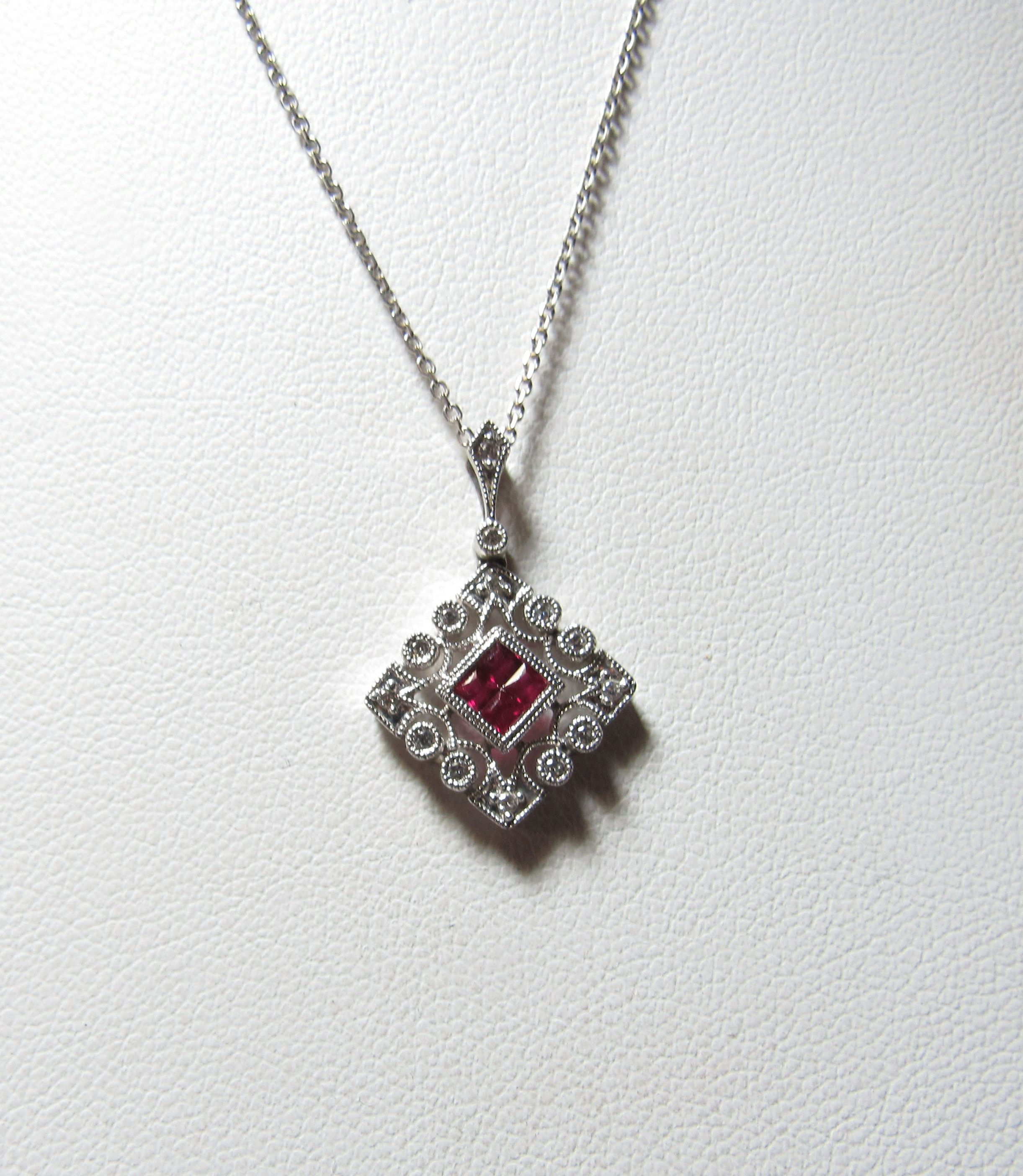 SOLD /14K White Gold 16" Chain with Red Natural Ruby and Diamond Pendant