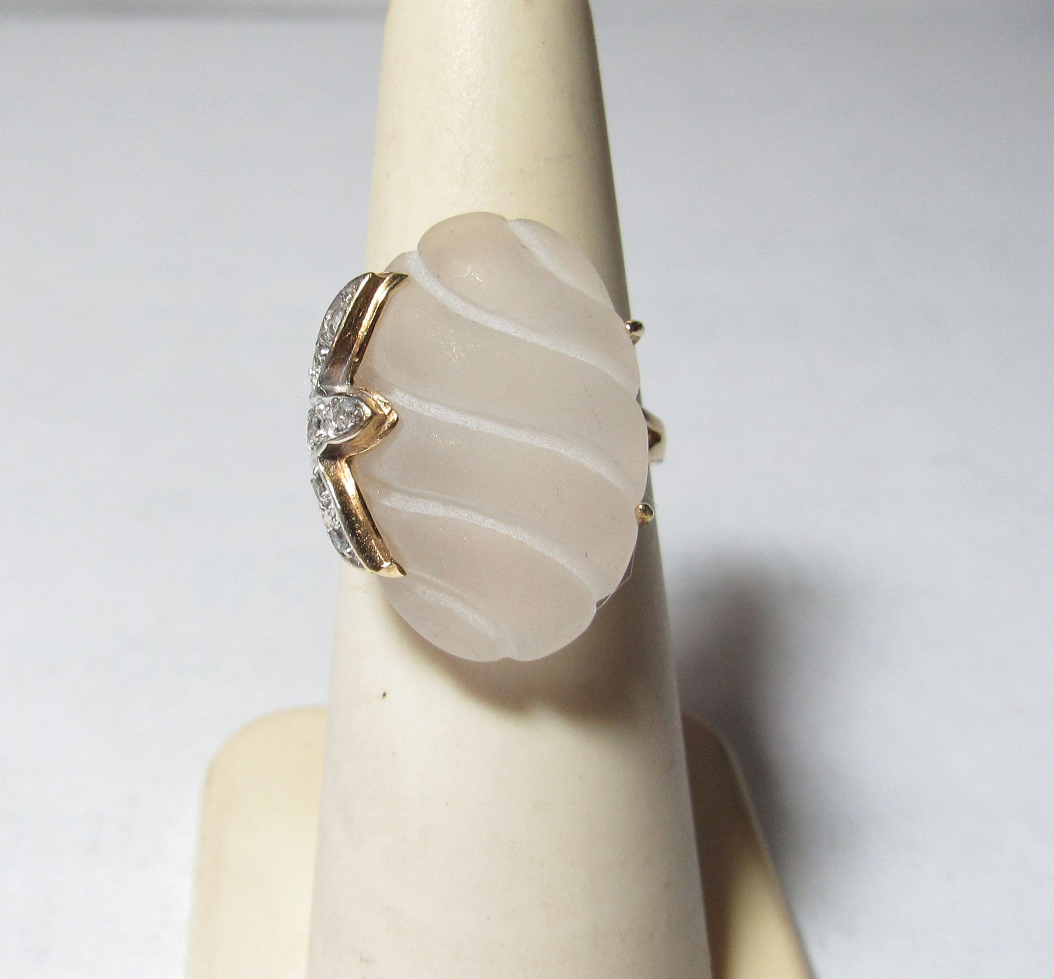 Hand Crafted White Gold Ring with Carved Crystal & Side Diamonds