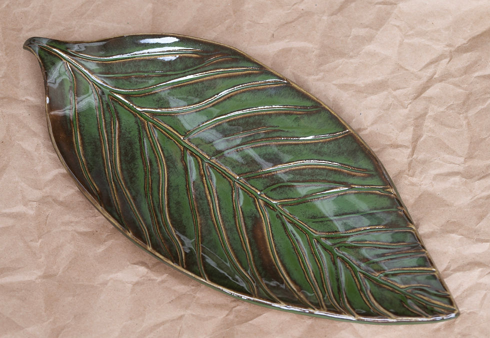 Handmade Leaf-Shaped Ceramic Dish � Green and Brown Glazed