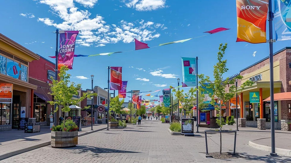 a vibrant community marketplace in grande prairie, bustling with local entrepreneurs showcasing their successful marketing campaigns, highlighted by colorful banners and engaging displays under a bright, sunny sky.