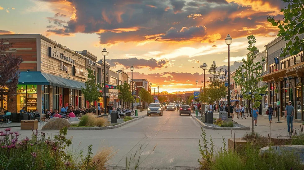 a vibrant street scene in grande prairie showcases local businesses adorned with consistent branding elements, drawing in a diverse crowd engaged in lively conversations, symbolizing community connection and trust.
