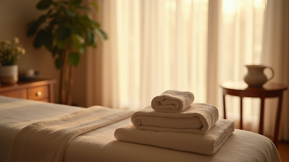 Eye-level view of a peaceful Reiki treatment room with soft lighting