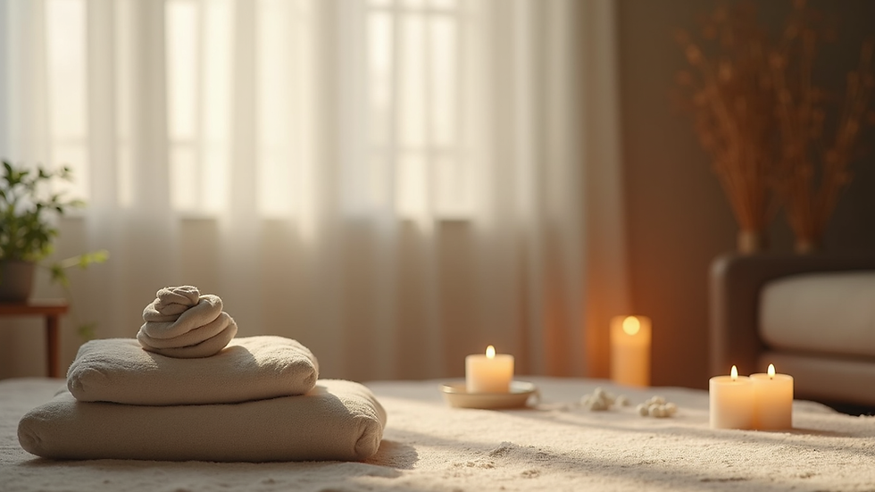 Eye-level view of a calm living room set up for a Reiki session