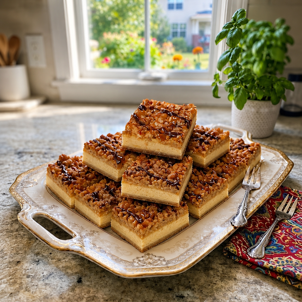 Sweet potato praline cheesecake bars on a platter