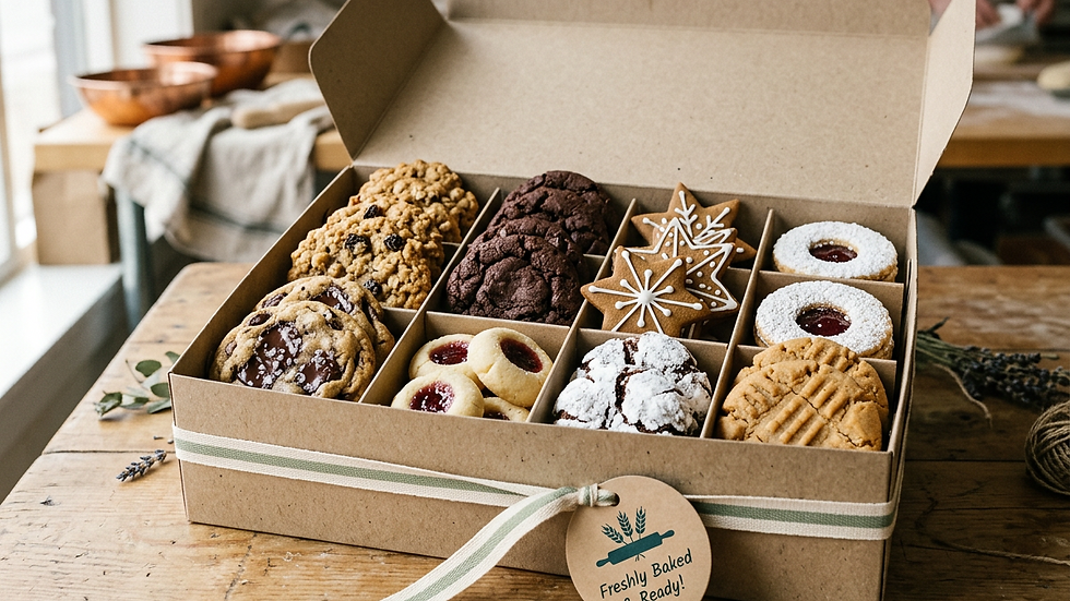 Eye-level view of a rustic bakery box filled with assorted cookies ready for shipment