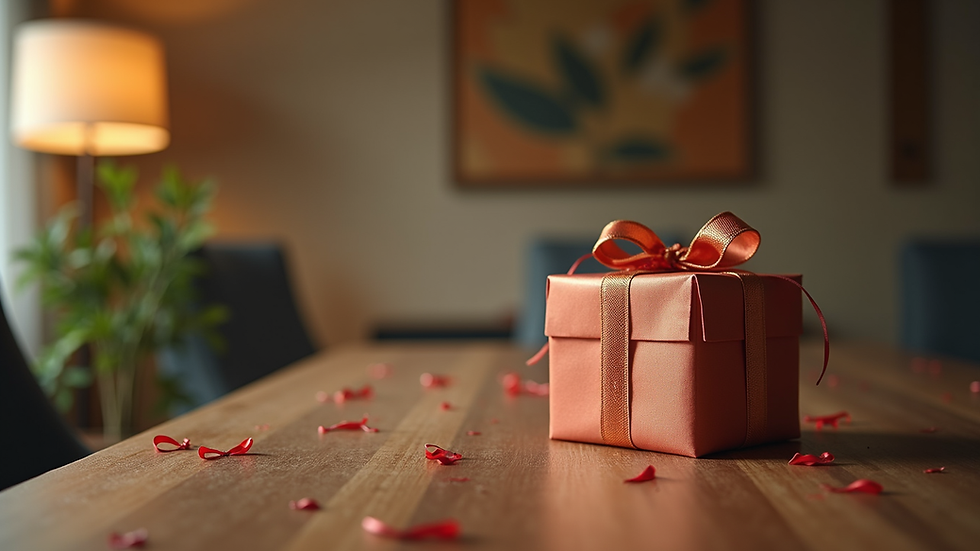 Vista a nivel de ojo de una mesa con regalos corporativos olvidados y polvorientos