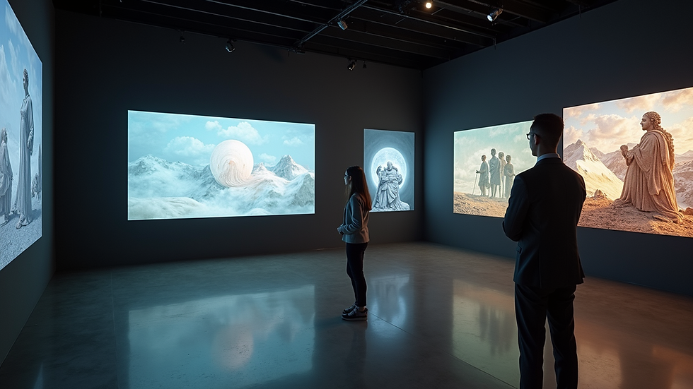 Eye-level view of a digital gallery displaying symbolic art on screens