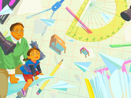 Father and child ride paper planes amid floating school supplies, rulers, pencils and notebooks labeled NAME/SUBJECT.